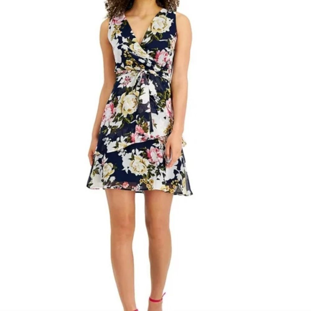 connected apparel Navy Floral V-Neck Mini Dress